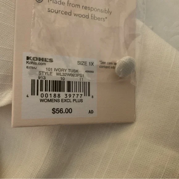 Lauren Conrad NWT 3/4 Sleeve Ivory Button Front Blouse With Ruffle Trim. Size 1X - Picture 7 of 7